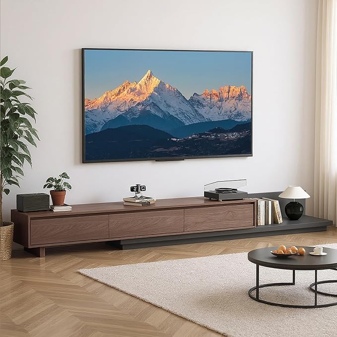 78.7–130" Extendable TV Stand with 3 Drawers - Mid-Century Modern Adjustable Entertainment Center, Perfect for Living Room, Walnut