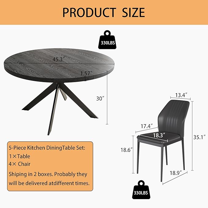 45.3" Round Dining Table Set for 4, Wooden Round Dining Table with Chairs for 4-6 Person, w/Metal Legs, Coffee Table for Kitchen Dining Room, Living Room, Office