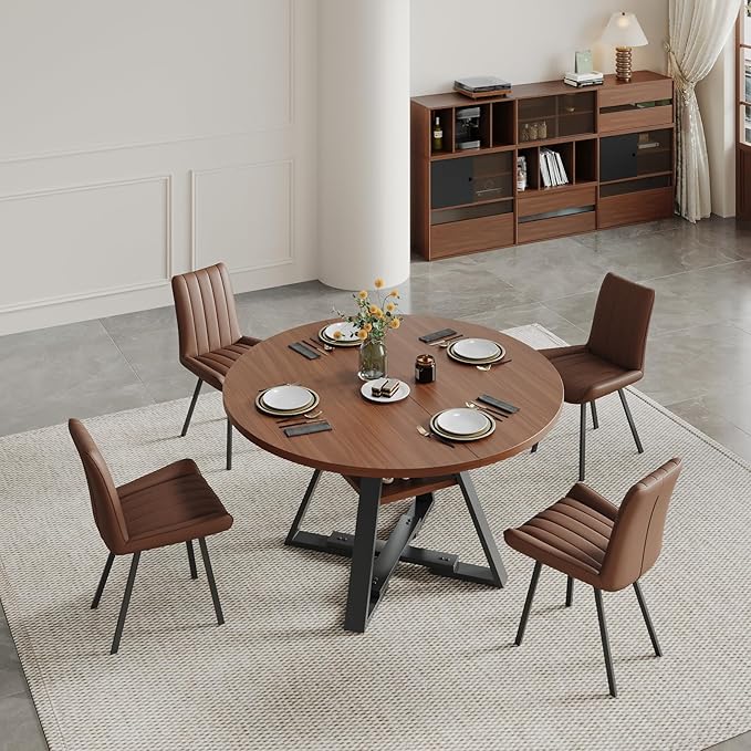 45.3" Walnut Round Dining Table Set with 4 Chairs – Mid-Century Modern Small-Space Kitchen & Dining Room Furniture for Apartment or Breakfast Nook (Boxwood – Storage Table + 4 Brown Chairs)