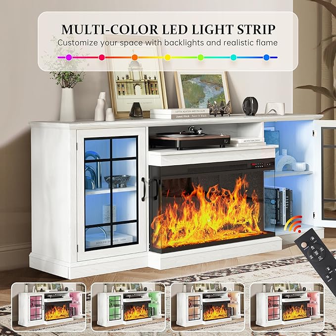 MXV 70'' Fireplace TV Stand, Farmhouse Entertainment Center with 3 Sided Glass TV Stand, Modern Media Console Table with Storage Drawers & Cabinets with LED Flame and Lights for Living Room, White