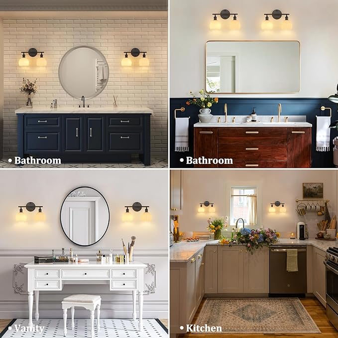 Bathroom Light Fixtures, 2-Light Black Vanity Wall Light Over Mirror with White Tulip Glass Shade for Bedroom Living Room