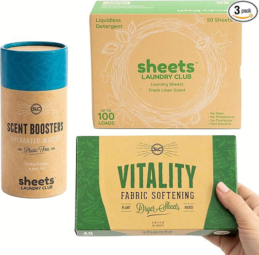 Sheets Laundry Club Bundle - 50 Pack (up to 100 loads) Fresh Linen Detergent Sheets, 40 Pack Vitality Dryer Sheets & 8 Oz. Uncharted Waters Scent Booster - New Liquidless Technology