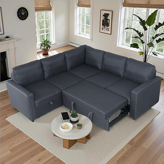 83" Pull Out Sleeper Couch with Storage Chaise, Couch, Sofa Bed, Convertible L Shaped Sofa for Living Room, Apartment, Black Grey