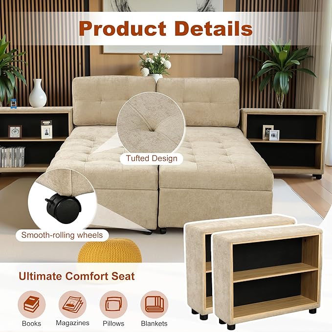 121.2" Sectional Couch, Versatile Sofa Bed Modular Sofa with Two Storage Racks, Sectional Couches for Living Room and Office, Brown