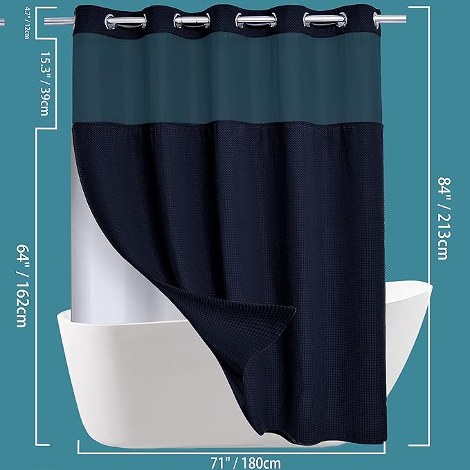 Extra Long No Hook Waffle Weave Shower Curtain with Snap in Liner Set, Hotel Luxury Black Shower Curtains for Bathroom with See Through Top Window, Waterproof, Washable 71W x 84H