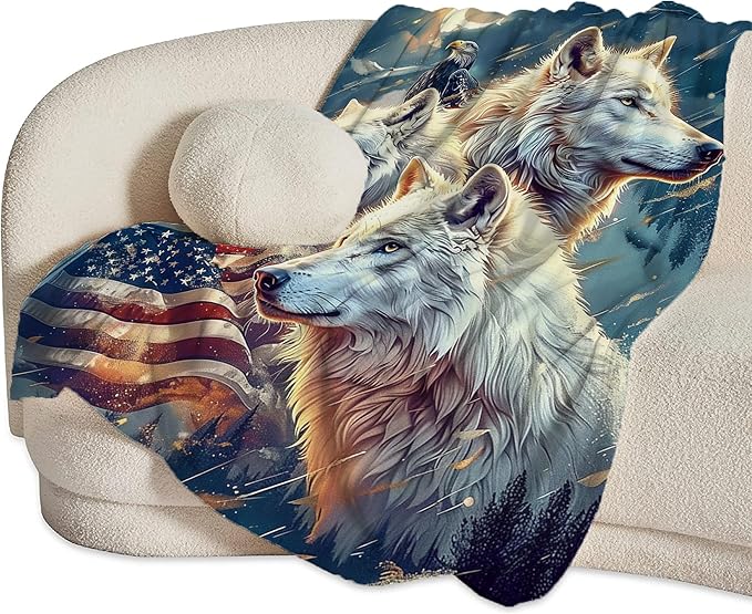 American Wolf and Eagle Throw Blanket With Flag Design - Soft Warm Fleece for Couch, Sofa, Bed - Gift for Women, Men, Girls, Boys - 60"x50"