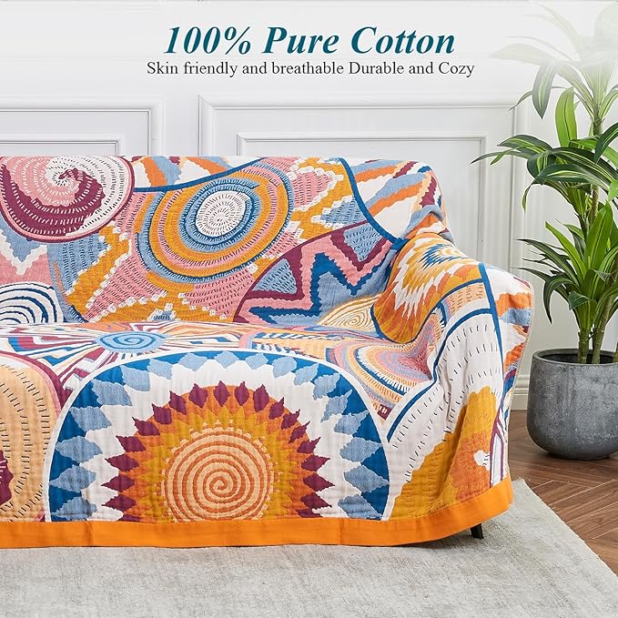 Boho Throw Blanket for Bed-100% Cotton Soft Breathable Farmhouse Decor Boho Quilt for Sofa (Colorful Sun, 90"x98")