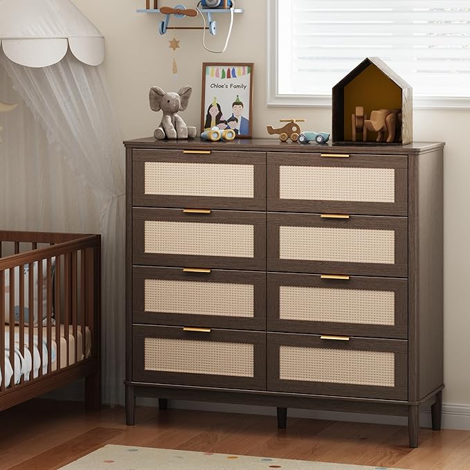 LINSY HOME Rattan Dresser for Bedroom with 8 Drawers, 54" Wide Chest of Drawers, Mid Century Modern Dresser TV Stand with Metal Handle, Wood Closet Storage Cabinet for Living Room, Hallway, Walnut