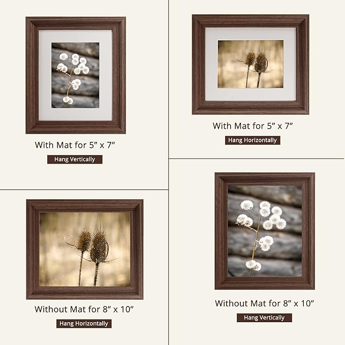 GraduationMall 8x10 Wooden Picture Frames,Display Photos 5x7 with Mat or 8x10 Without Mat,Real Glass,Wall or Tabletop Display,Rustic Brown Set of 2