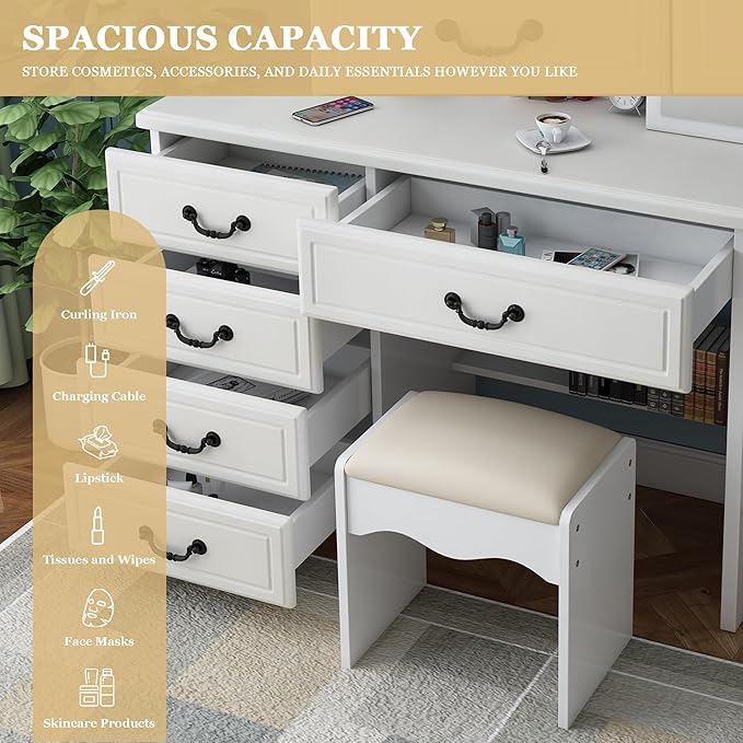 Elegant Vanity Desk with Lighted Mirror, 6 Drawer White Dressing Table Set for Bedroom, Features Adjustable 3-Color LED Lights, Perfect Makeup Vanity with Storage