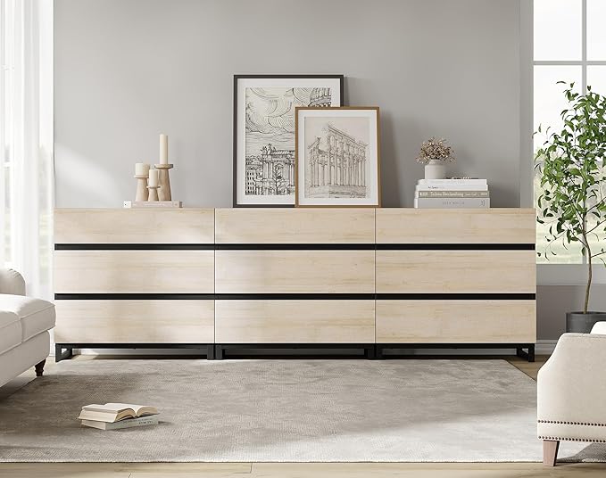 WAMPAT Dresser for Bedroom, Closet Organizers and Storage with 9 Drawers, Chest of Drawers with Metal Base, Wooden Modern Dresser for Living Room, Bedroom, Entryway, Light Oak