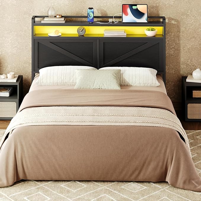 HOOBRO Headboard Queen Size, Headboard with Charging Station and LED Light Strip, 2-Tier Queen Storage Headboard with Outlets and USB Ports, Industrial Style, for Queen Size Beds, Black
