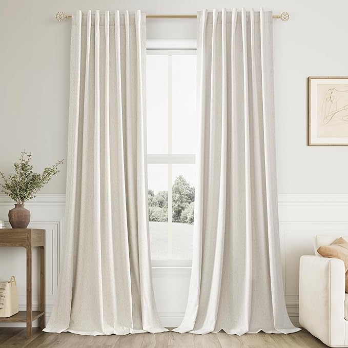 Cream Linen Blackout Curtains 126 Inch Length 2 Panels Set for Living Room Bedroom Back Tab Thermal Insulated 100% Black Out Linen Drapes Room Darkening Window Curtains 126 Inches Long Ivory Natural
