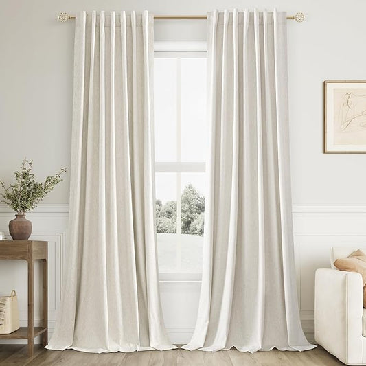 Cream Linen Blackout Curtains 126 Inch Length 2 Panels Set for Living Room Bedroom Back Tab Thermal Insulated 100% Black Out Linen Drapes Room Darkening Window Curtains 126 Inches Long Ivory Natural