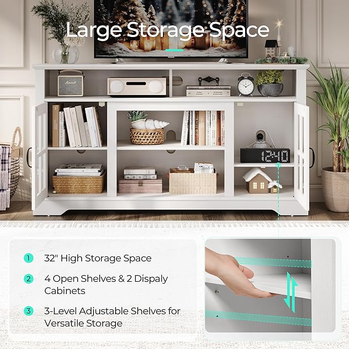 LINSY HOME TV Stand for 65 Inch TV, 32" Tall Entertainment Center with LED Lights and Glass Door Storage Cabinet, Modern Farmhouse Wood TV Media Console Table for Living Room, Bedroom, White