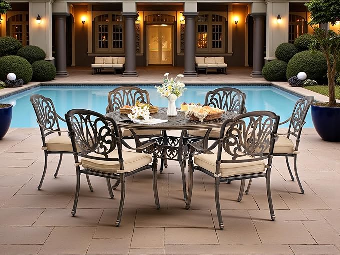 7 Piece Outdoor Dining Set Cast Aluminum, Retro Patio Dining Furniture Set for 6 Includes 54’’ Round Table 6 Chairs with Thicker Cushion and Umbrella Hole for Patio Deck Garden