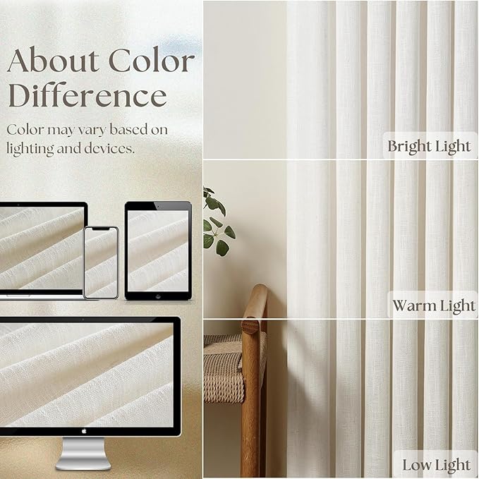 Cream Linen Blackout Curtains 126 Inch Length 2 Panels Set for Living Room Bedroom Back Tab Thermal Insulated 100% Black Out Linen Drapes Room Darkening Window Curtains 126 Inches Long Ivory Natural