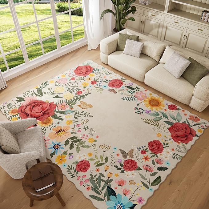 8'x10' Washable Rugs for Living Room, Soft Lightweight Non Slip Stain Resistant Dining Room Vintage Boho Floral Beige Rug Easy Clean Throw Carpet for Bedroom
