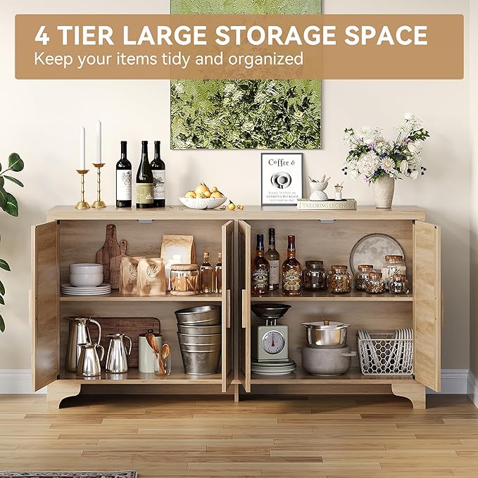 GAOMON TV Stand for TVs Up to 70'', Natural Rattan Entertainment Center with Storage Cabinets, Boho Media Console Table for Living Room, Farmhouse Cabinet