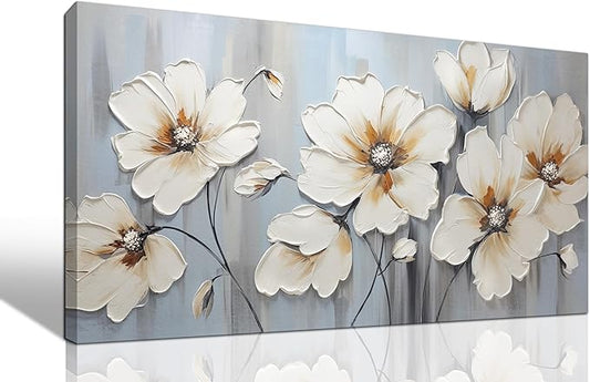 Large Artwork Canvas Wall Art for Living Room Bedroom Modern White Flower Theme Picture Wall Art with Frame Canvas Decorative Artwork Hangable Decor Painting Size 20x40