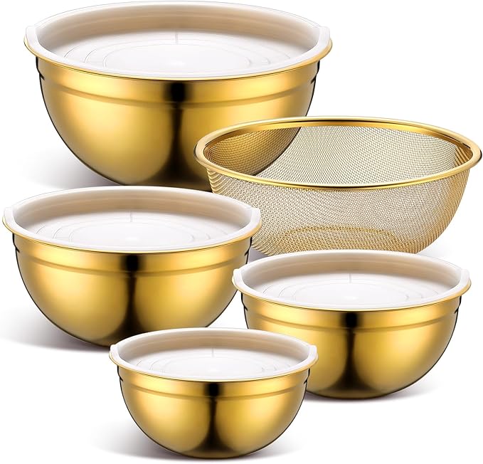 Gold Mixing Bowls with Airtight Lids Stainless Steel Mixing Bowl Set of 5, 4 Metal Nesting Organizers 4 in 1 Colander Non-slip Bottom Size 1.5, 2.0, 2.5, 4.0 Qt for Baking Serving Food
