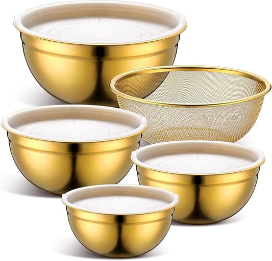 Gold Mixing Bowls with Airtight Lids Stainless Steel Mixing Bowl Set of 5, 4 Metal Nesting Organizers 4 in 1 Colander Non-slip Bottom Size 1.5, 2.0, 2.5, 4.0 Qt for Baking Serving Food