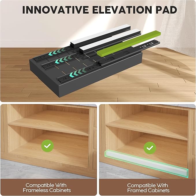 2 Pack Pull Out Cabinet Organizers 21" Deep With Raising Pad for Framed Cabinets, Expandable Width (9"-14") Slide Out Drawers Upgrade 3 Slide Rails, Roll Out Shelves Adhesive, Black