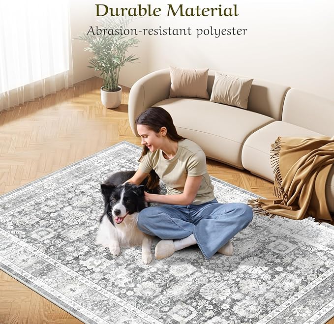 HOMFINE Machine Washable Rug 8'x10' - Vintage Design Area Rugs with Non Slip Rugs for Living Room Bedroom Floral Print Rug Carpet Stain Resistant, Home Decor Office Area Rug, Light Grey