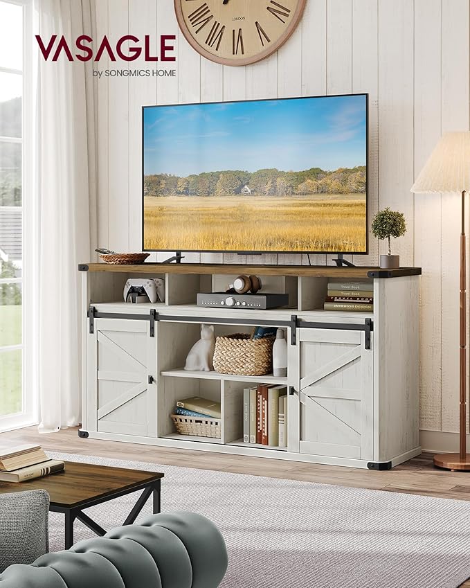 VASAGLE TV Stand for TVs up to 65 Inches, Farmhouse Entertainment Center with Sliding Barn Doors, TV Console Table for Living Room, Rustic White and Honey Brown ULTV322W73