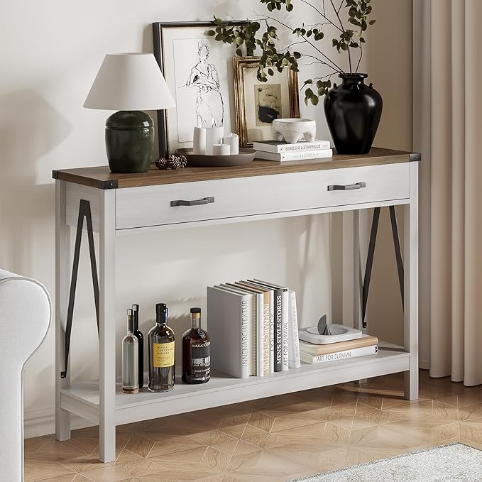 ChooChoo 47'' Farmhouse Console Table with Drawer, Entryway Table with Storage Shelf, Rustic A-Design Sofa Table for Hallway, Entrance, Living Room, White&Brown