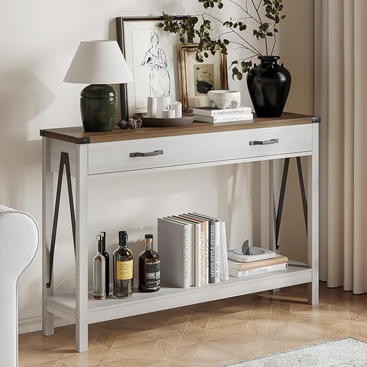 ChooChoo 47'' Farmhouse Console Table with Drawer, Entryway Table with Storage Shelf, Rustic A-Design Sofa Table for Hallway, Entrance, Living Room, White&Brown