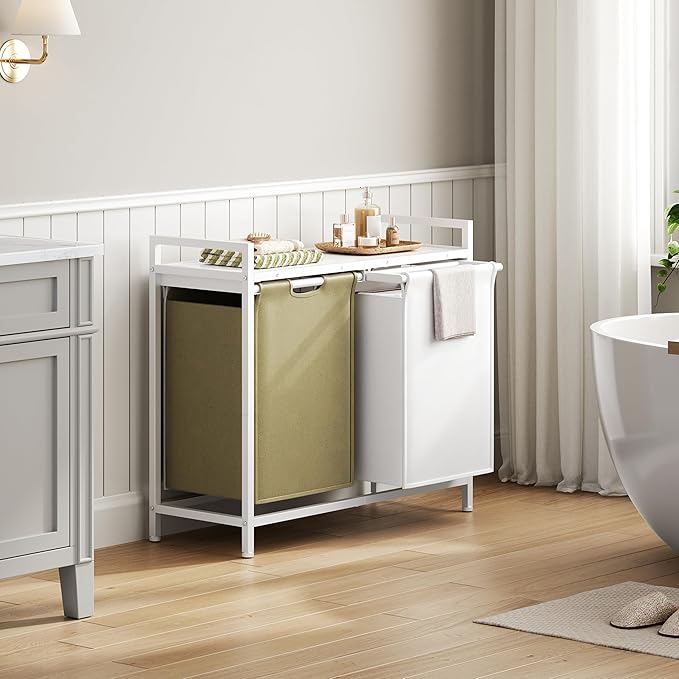 Laundry Hamper with Shelf, Laundry Basket 2 Section, Laundry Sorter with Pull-Out Removable Large 2 Color Bags and Movable, Metal Frame, 2 x 15.87 Gallons (60L), White PF06XLE