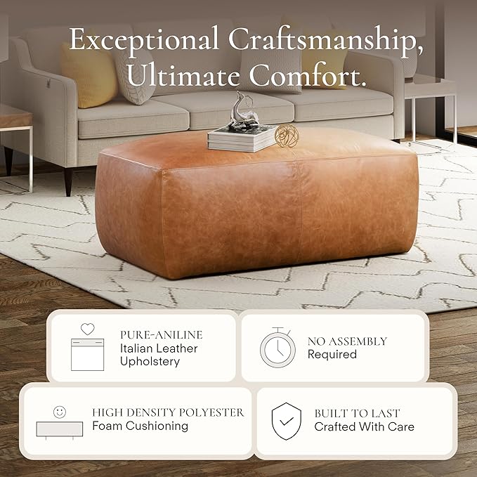 Poly & Bark Denver Ottoman – 43" Large Pouf with Feather-Down Topper – Full-Grain Leather Upholstered Pouf Ottoman for Living Room – Vintage Italian Leather in Cognac Tan