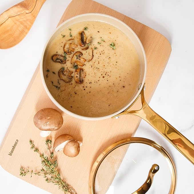 bloomhouse 3 Quart Heavy Duty Aluminum Premium PFA Free Ceramic Nonstick Saucepan with Lid - Almond Cream w/Gold Handle