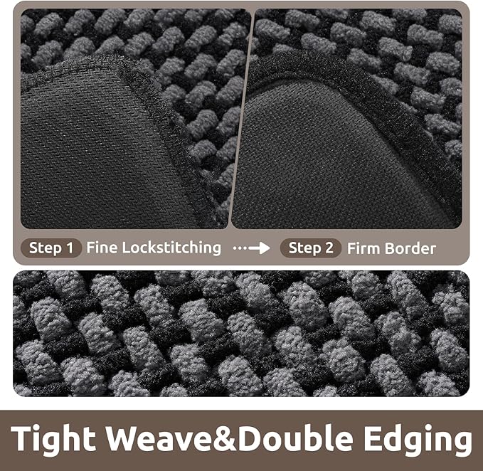 AMOAMI Chenille Bath Mat Super Absorbent Bathroom Mat Quick Dry Low Pile Bath Mats for Bathroom Washable Rubber Backed Bathroom Runners Fit Under Door, Front of Bathtub, Sink, Darkgrey&Black 24"x70"
