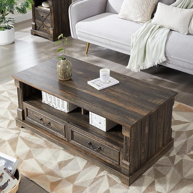 48'' Wood Coffee Table for Living Room, Farmhouse Coffee Table with Storage, Rustic Center Table for Living Room with 4 Drawers, Farmhouse & Industrial Cocktail Table for Home (Dark Rustic Oak)