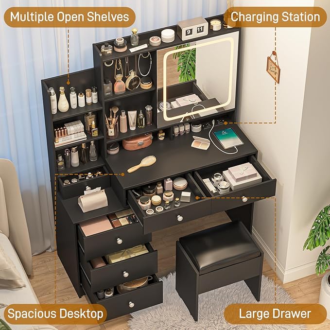 Vabches Makeup Vanity with LED Lights Mirror and Charging Station, Vanity Desk with Multiple Shelves and Drawers, Makeup Desk with Stool, Dressing Desk with 3 LED Light Models for Bedroom, Black