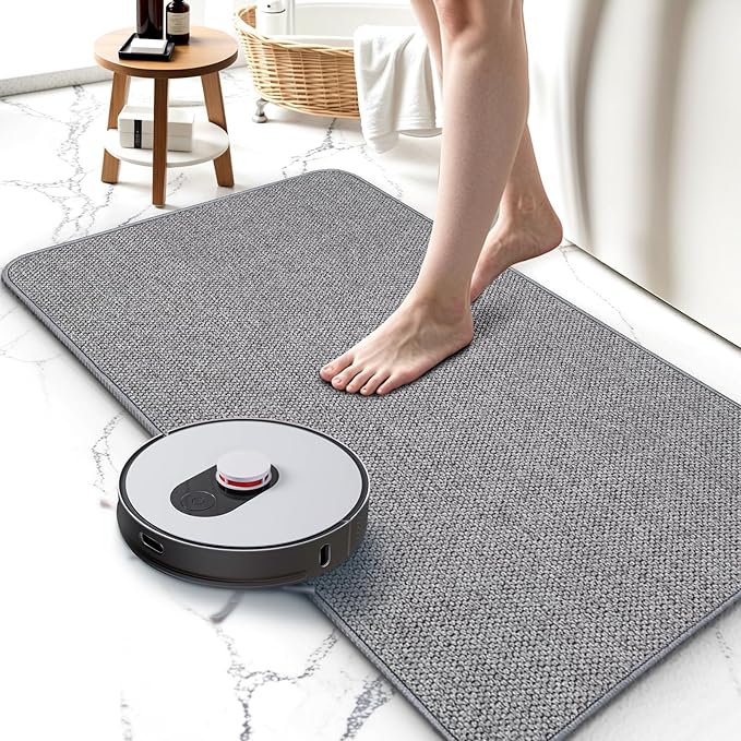 Upgraded Thin Bathroom Rugs, Bath Mat Super Absorbent, Bath Rugs Rubber Backing Non-Slip, Quick Dry Machine Washable, Cozy Cloth Bathroom Mat fit Under Door/Sink/ Bathtub/Shower/Kids 20''x24''-Gray