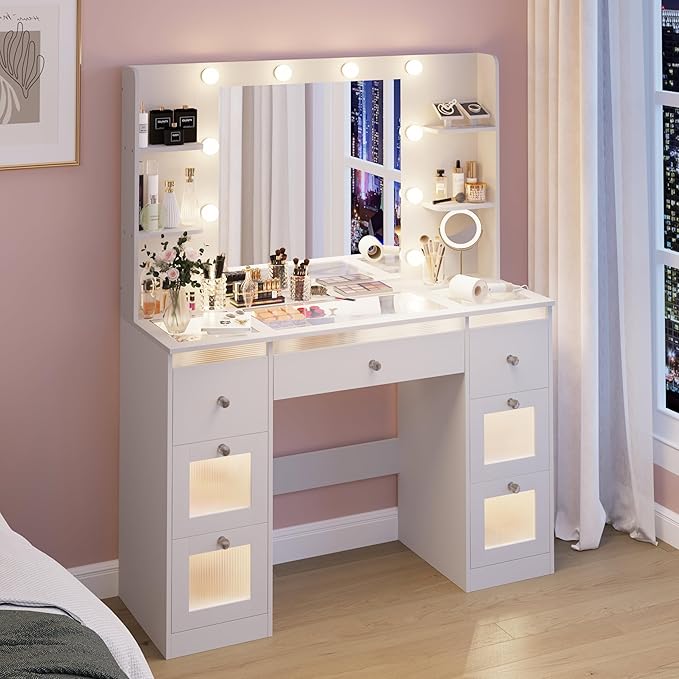 Makeup Vanity with Lights 3 Colors, Glass Top Vanity Desk with 7 Lighted Drawers, 4 Shelves, Power Outlet, Makeup Desk with Mirror for Bedroom, Dressing Table with Mirror for Women, Light White
