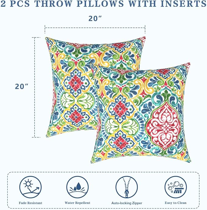 LVTXIII Outdoor Throw Pillows, Decorative Throw Pillows with Inserts, 20"x20" Square Pillows for Bed, Couch, Sofa and Patio Furniture, Set of 2, Damask Red