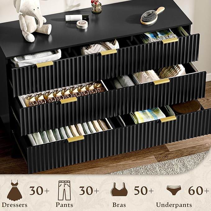 Fluted Dresser for Bedroom with 7 Drawer, Mid Century Modern Chest of Drawers, 48" Wide Natural Wood Dresser for Closet, Wooden Boho Chest Closet Storage TV Stand for Bedroom, Black