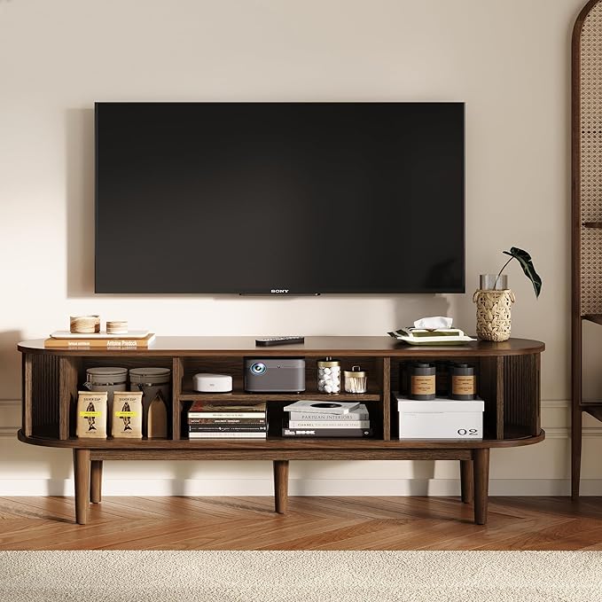 LINSY 58" Fluted TV Stand, Modern Entertainment Center for TVs Up to 65 inches, TV Console with Sliding Doors, Curved Profile Design, Media Console for Living Room, Walnut