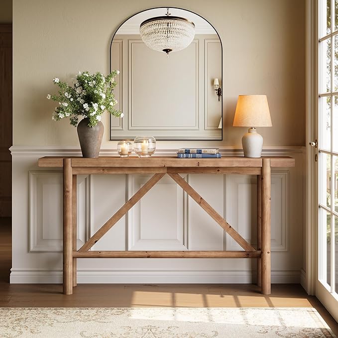 Solid Wood Console Table for Entryway, 63" Long Farmhouse Entryway Sofa Table for Living Room, Wooden Narrow Console for Hallway, Foyer, Entrance (Rustic Brown)