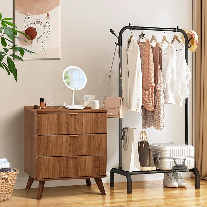 Fluted 3 Drawer Small Dresser for Bedroom, Mid Century Modern Nightstand with Charging Table Top, Low Bedside Table for Closet Cloth, End Table Short Storage, Living Room, Dorm -Walnut