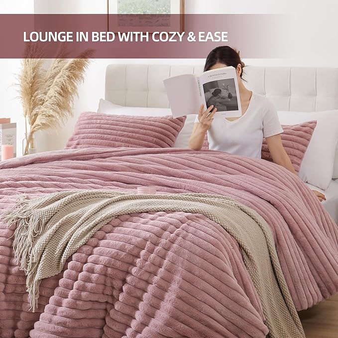 Smoofy Fluffy King Size Comforter Set 3 Pieces - Old Pink Fleece Fluffy Comforter King Size, Luxury Fuzzy King Bedding Set, Soft King Size Bed Set All Season, Heavy Bedding King with 2 Pillow Cases