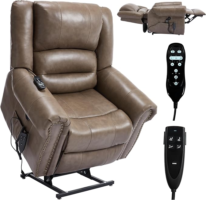 Dual Motor Power Lift Chair, Lay Flat Recliner Chair, Electric Recliner with Massage and Heat for Elderly, Remote Control, Infinite Position, Standing Assistance, USB Ports (Khaki, Genuine Leather)