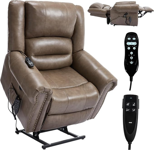 Dual Motor Power Lift Chair, Lay Flat Recliner Chair, Electric Recliner with Massage and Heat for Elderly, Remote Control, Infinite Position, Standing Assistance, USB Ports (Khaki, Genuine Leather)