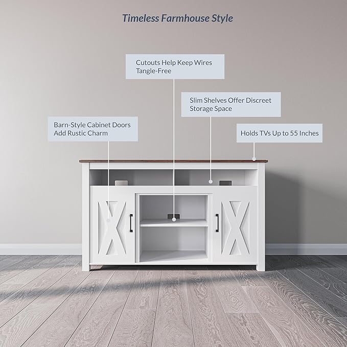 BELLEZE 48" TV Stand, Entertainment Center for TVs up to 55", Media Console Table with Two Open Shelves and Storage Cabinets - Corin (White)