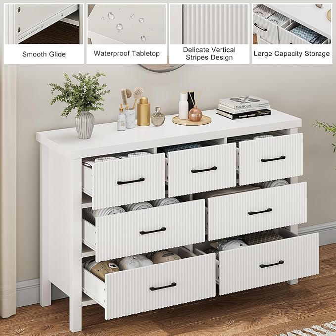 Fluted 7 Drawers Dresser for Bedroom, Modern Chest of Drawers with Metal Handle, Wood Dresser TV Stand, Wooden Closet Clothes Storage Organizer for Living Room, Hallway (White)