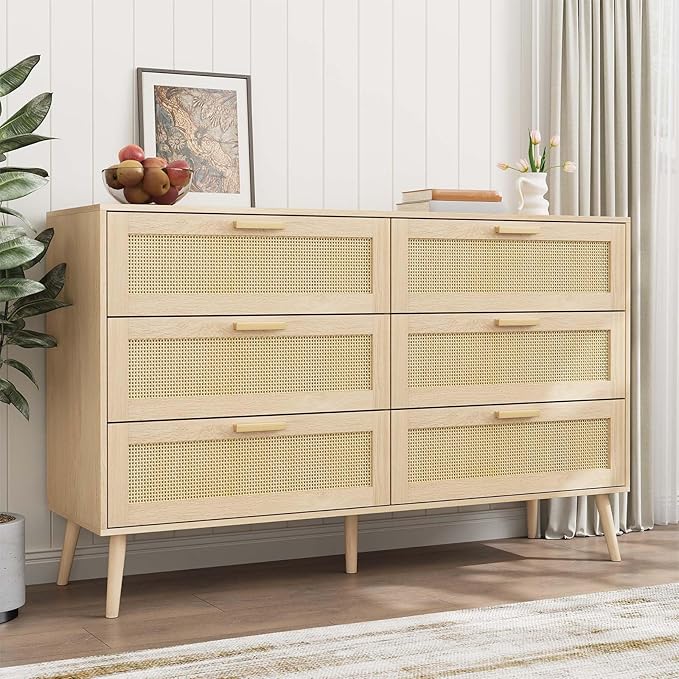 Rattan Dresser for Bedroom, Modern 6 Drawer Double Dresser with Gold Handles, 47" Wide Mid Century Modern Chest of Drawers with Sliding Drawers for Bedroom, Living Room or Hallway (Natural)